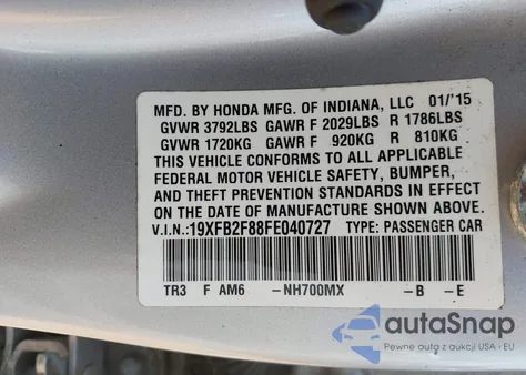 2015 Honda Civic Ex z USA, uszkodzony, nr VIN 19XFB2F88FE040727